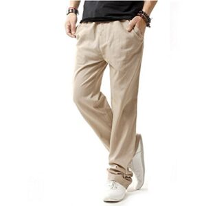 hoerev men casual beach trousers linen summer pants, beige, large