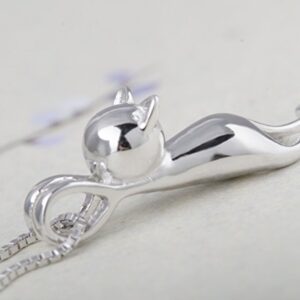 S.Leaf S925 Sterling Silver Cat Necklace Polish Mirror Silver Cat Pendant Collarbone Necklace