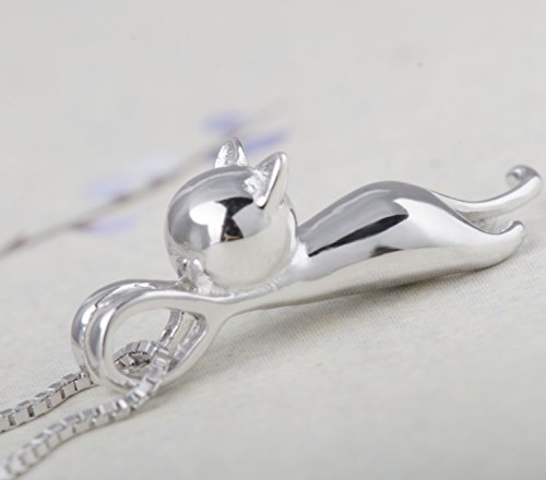 S.Leaf S925 Sterling Silver Cat Necklace Polish Mirror Silver Cat Pendant Collarbone Necklace