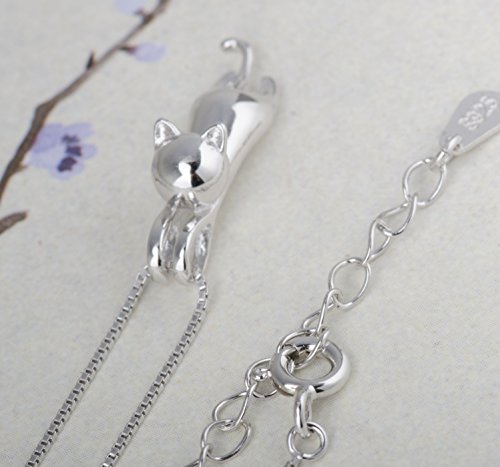 S.Leaf S925 Sterling Silver Cat Necklace Polish Mirror Silver Cat Pendant Collarbone Necklace