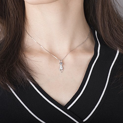 S.Leaf S925 Sterling Silver Cat Necklace Polish Mirror Silver Cat Pendant Collarbone Necklace