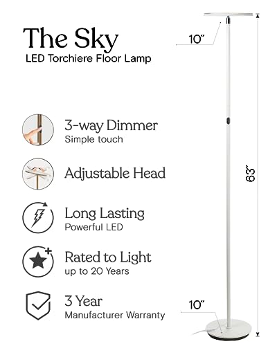 Brightech Sky LED Torchiere Super Bright Floor Lamp - Contemporary, High Lumen Light for Living Rooms and Offices - Dimmable, Indoor Pole Uplight for Bedroom Reading - White