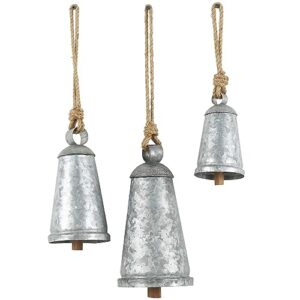 deco 79 metal tibetan inspired meditation decorative cow bell with jute hanging rope, set of 3 12",9",6"h, gray