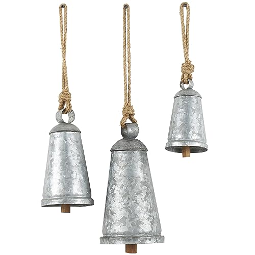 Deco 79 Metal Tibetan Inspired Meditation Decorative Cow Bell with Jute Hanging Rope, Set of 3 12",9",6"H, Gray