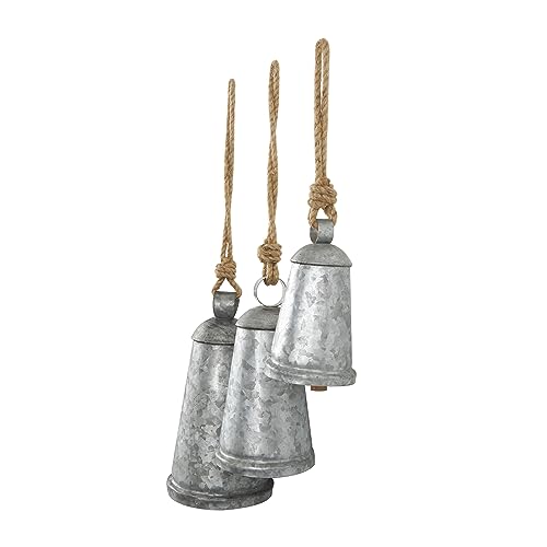 Deco 79 Metal Tibetan Inspired Meditation Decorative Cow Bell with Jute Hanging Rope, Set of 3 12",9",6"H, Gray