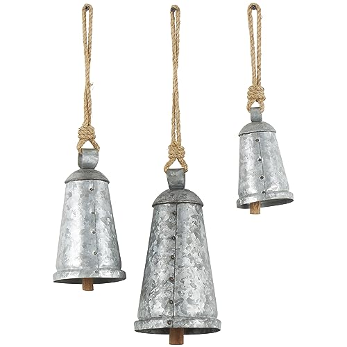 Deco 79 Metal Tibetan Inspired Meditation Decorative Cow Bell with Jute Hanging Rope, Set of 3 12",9",6"H, Gray