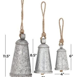 Deco 79 Metal Tibetan Inspired Meditation Decorative Cow Bell with Jute Hanging Rope, Set of 3 12",9",6"H, Gray