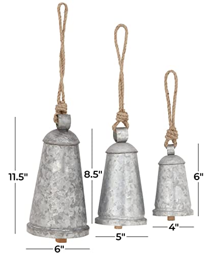 Deco 79 Metal Tibetan Inspired Meditation Decorative Cow Bell with Jute Hanging Rope, Set of 3 12",9",6"H, Gray