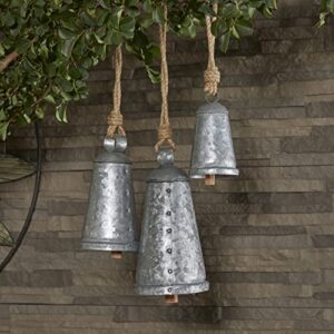 Deco 79 Metal Tibetan Inspired Meditation Decorative Cow Bell with Jute Hanging Rope, Set of 3 12",9",6"H, Gray