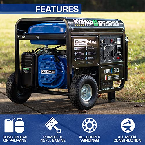 DuroMax XP12000EH Generator-12000 Watt Gas or Propane Powered Home Back Up & RV Ready, 50 State Approved Dual Fuel Electric Start Portable Generator, Black and Blue