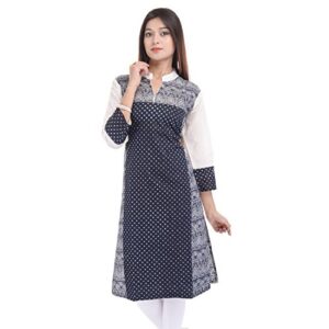 Chichi Indian Women's Printed Cotton Kurti Top, Black-off White, Medium