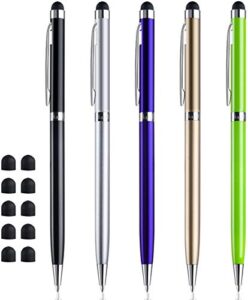 chaoq stylus pens for touch screens (5 pcs), 2 in 1 slim capacitive stylus ballpoint pens (black ink), with 10 replaceable rubber tips (black,silver,blue,gold,green)