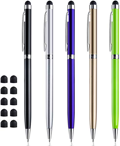 ChaoQ Stylus Pens for Touch Screens (5 Pcs), 2 in 1 Slim Capacitive Stylus Ballpoint Pens (Black Ink), with 10 Replaceable Rubber Tips (Black,Silver,Blue,Gold,Green)