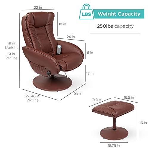 Best Choice Products Faux Leather Electric Massage Recliner Chair for Living Room, Bedroom, Office Comfort w/Stool Footrest Ottoman, Remote Control, 5 Heat & Massage Modes, Side Pockets - Brown