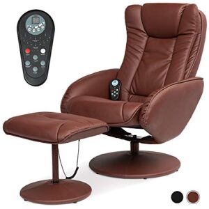 best choice products faux leather electric massage recliner chair for living room, bedroom, office comfort w/stool footrest ottoman, remote control, 5 heat & massage modes, side pockets - brown