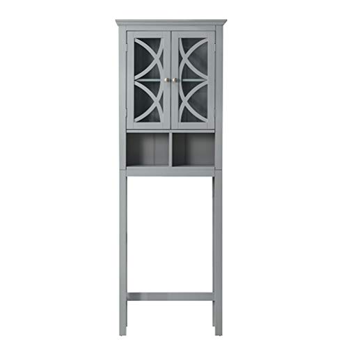 glitzhome 68.25 Inch Wooden Free Standing Storage Cabinet with Double Glass Doors Bathroom Cabinet Spacesaver Grey