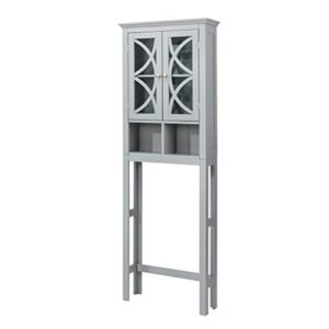 glitzhome 68.25 Inch Wooden Free Standing Storage Cabinet with Double Glass Doors Bathroom Cabinet Spacesaver Grey