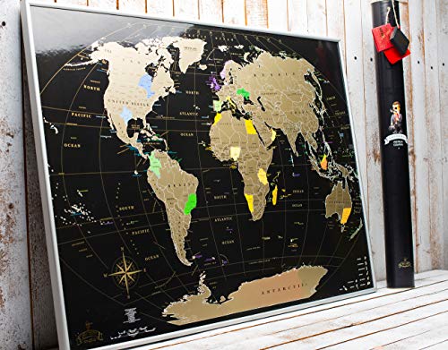 Scratch off map of the World MyMap Black Gold Large Travel map Wall Poster 35x25 Push pin map Includes Pins Tube Flags poster Map Scratch