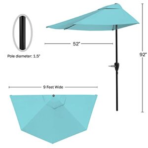 9-Foot Half Patio Umbrella – Easy Crank Semicircle Opening Shade Canopy – For Against a Wall, Porch, or Balcony Furniture by Pure Garden (Blue)