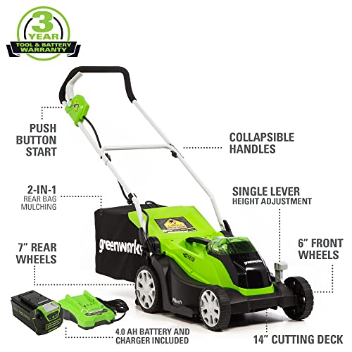 Greenworks 40V 14 Inch Cordless Lawn Mower, 4Ah Battery and Charger Included MO40B410