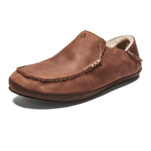 OLUKAI Moloa Slipper Men's Slippers, Premium Nubuck Leather Slip On Shoes, Shearling Lining & Gel Insert, Drop-In Heel Design, Toffee/Dk Wood, 10