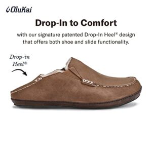 OLUKAI Moloa Slipper Men's Slippers, Premium Nubuck Leather Slip On Shoes, Shearling Lining & Gel Insert, Drop-In Heel Design, Toffee/Dk Wood, 10