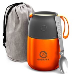 energify vacuum insulated food jar made of premium bpa-free stainless steel. 17oz thermos includes folding spoon and cup. hot & cold lunch, drinks container for kids and adults. leak proof, orange.