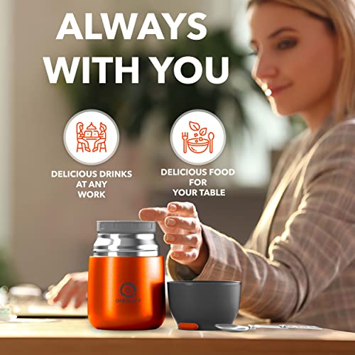 ENERGIFY Vacuum Insulated Food Jar Made of Premium BPA-Free Stainless Steel. 17oz Thermos Includes Folding Spoon and Cup. Hot & Cold Lunch, Drinks Container For Kids and Adults. Leak Proof, Orange.