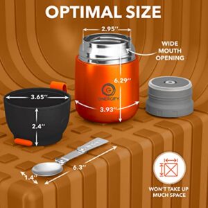 ENERGIFY Vacuum Insulated Food Jar Made of Premium BPA-Free Stainless Steel. 17oz Thermos Includes Folding Spoon and Cup. Hot & Cold Lunch, Drinks Container For Kids and Adults. Leak Proof, Orange.