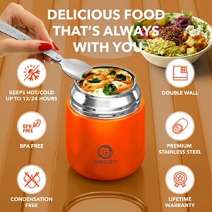 ENERGIFY Vacuum Insulated Food Jar Made of Premium BPA-Free Stainless Steel. 17oz Thermos Includes Folding Spoon and Cup. Hot & Cold Lunch, Drinks Container For Kids and Adults. Leak Proof, Orange.