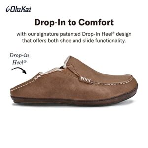 OLUKAI Moloa Slipper Men's Slippers, Premium Nubuck Leather Slip On Shoes, Shearling Lining & Gel Insert, Drop-In Heel Design, Toffee/Dk Wood, 11
