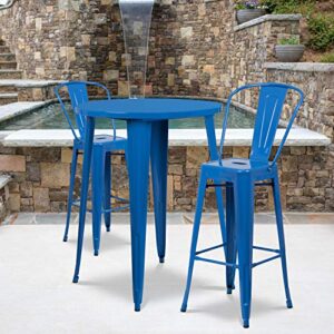flash furniture commercial grade 30" round blue metal indoor-outdoor bar table set with 2 cafe stools
