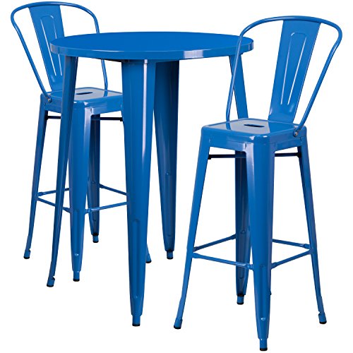 Flash Furniture Commercial Grade 30" Round Blue Metal Indoor-Outdoor Bar Table Set with 2 Cafe Stools