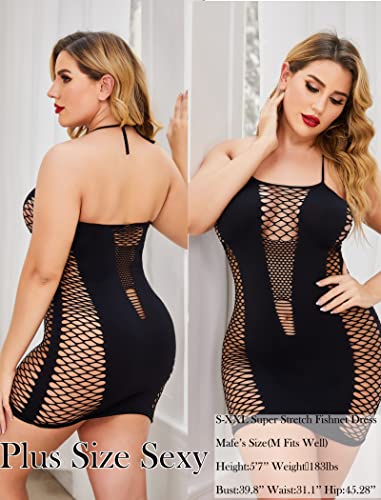 Avidlove Sexy Lingerie for Women Fishnet Dress Mesh Badydoll Fishnet Bodysuit See Through Chemise Black