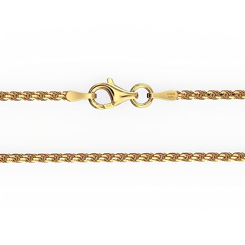 18K Gold over Sterling Silver 1.6mm Italian Rope Chain Necklace for Women and Men, Diamond Cut Shimmering Womens and Mens Chain, Layering Chain - 22"