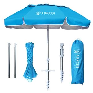 AMMSUN 6ft Folded PortableTravel Beach Umbrella with Sand Anchor, Tilt and Air vent UPF 50+UV Protection fit in suitcase Portable Compact Foldable beach umbrella for Patio Garden Beach Pool Backyard Sky blue