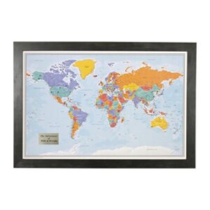 personalized push pin world travel map with rustic black frame and pins - blue oceans - 27.5 inches x 39.5 inches