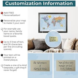 Personalized Push Pin World Travel Map with Rustic Black Frame and Pins - Blue Oceans - 27.5 inches x 39.5 inches