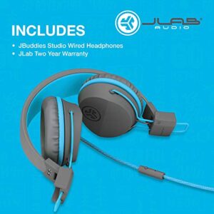 JLab JBuddies Studio On-Ear Kids Wired Headphones | Toddler Headphones | Kid Safe | Studio Volume Safe | Volume Limiter | Folding | Adjustable | Noise Isolation | with Mic (Graphite/Blue)