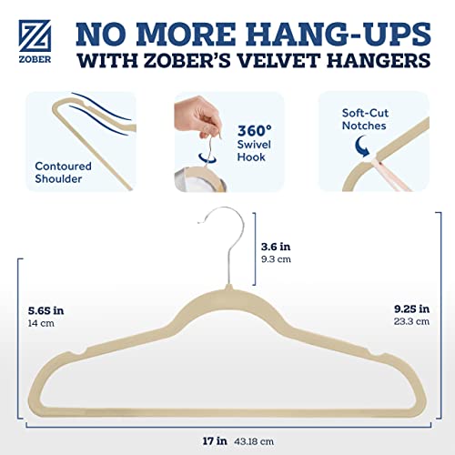 Zober Velvet Hangers 50 Pack - Heavy Duty Ivory Hangers for Coats, Pants & Dress Clothes - Non Slip Clothes Hanger Set - Space Saving Felt Hangers for Clothing