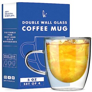 kitchables double wall glass coffee mugs set of 4, 5oz with handle insulated glass coffee mug without handle, clear coffee mugs, tasas transparente para café bonitas