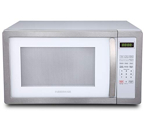 Farberware Countertop Microwave 1000 Watts, 1.1 cu ft - Microwave Oven With LED Lighting and Child Lock - Perfect for Apartments and Dorms - Easy Clean White, Platinum