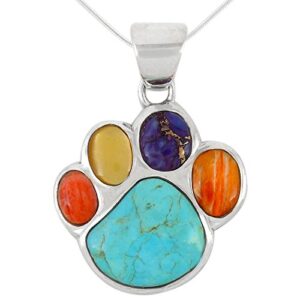 dog paw pendant necklace 925 sterling silver genuine turquoise & gemstones (20", multi)