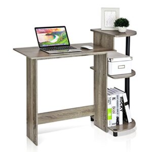 Furinno 11181GYW/BK Compact Computer Desk with Shelves, Round Side, French Oak Grey/Black