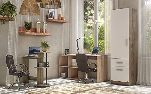 Furinno 11181GYW/BK Compact Computer Desk with Shelves, Round Side, French Oak Grey/Black