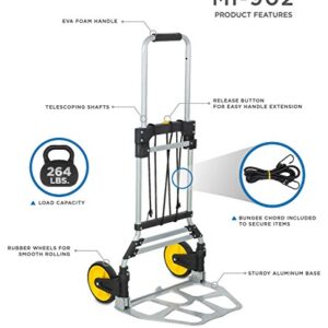 Mount-It! Folding Hand Truck and Dolly, 264 Lb Capacity Heavy-Duty Luggage Trolley Cart With Telescoping Handle and Rubber Wheels, Silver, Black, Yellow,