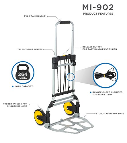 Mount-It! Folding Hand Truck and Dolly, 264 Lb Capacity Heavy-Duty Luggage Trolley Cart With Telescoping Handle and Rubber Wheels, Silver, Black, Yellow,