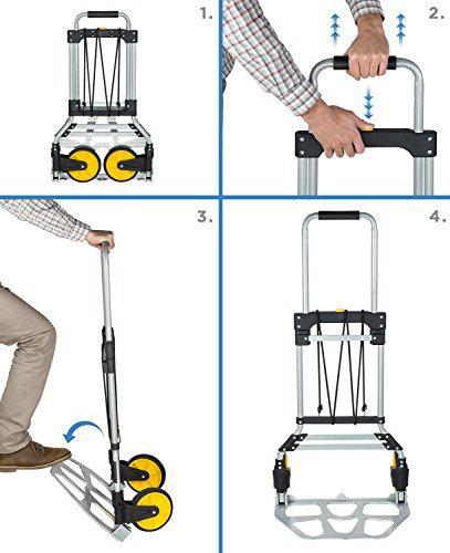 Mount-It! Folding Hand Truck and Dolly, 264 Lb Capacity Heavy-Duty Luggage Trolley Cart With Telescoping Handle and Rubber Wheels, Silver, Black, Yellow,