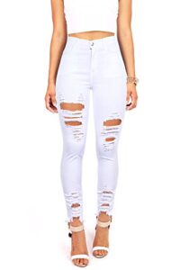 vibrant women’s denim skinny jeans – stretch high waisted raw edges heavy distressed ripped casual slim fit pants vp1213 white 9