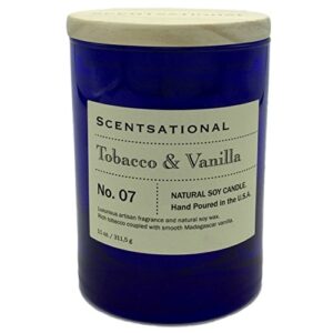 scentsational tobacco and vanilla natural soy candle - single lead-free wick - earthy sweet smell - hand poured in blue jar with wooden lid - 11 oz